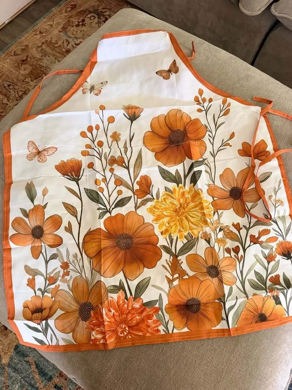 New. Orange Retro Floral & Butterfly Kitchen Apron w/Pockets